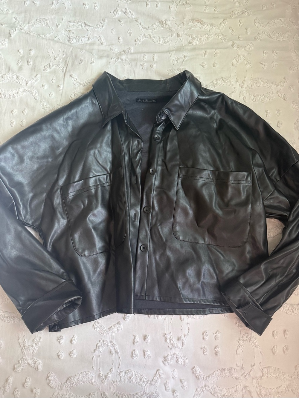 Black Faux Leather Button-Up Jacket